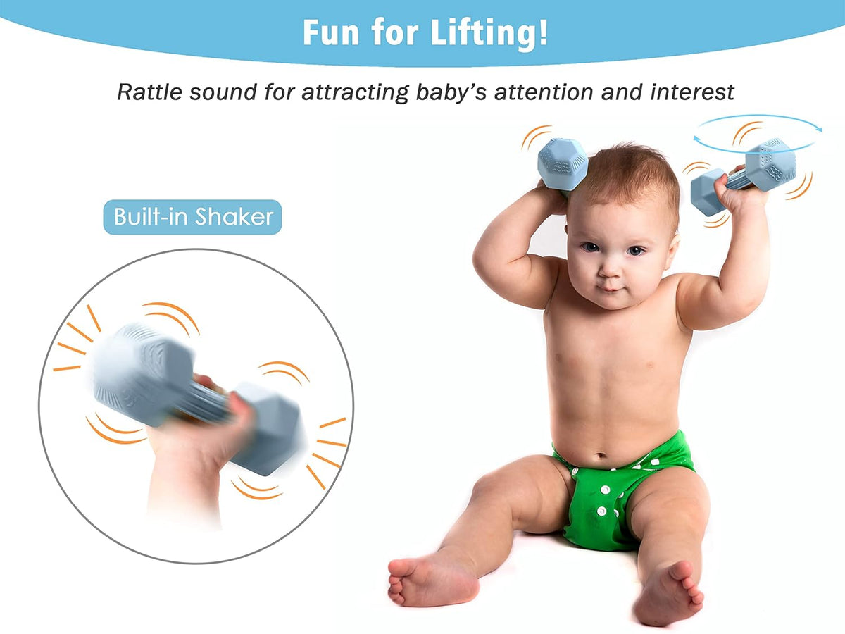 Baby Dumbbell Teether - Silicone Infant Teething Rattle Toddler Sensory Workout Toy - Durable, Safe Exercises Weight - Great Gift for Baby Boys & Girls (1Pcs - Cadet Blue)