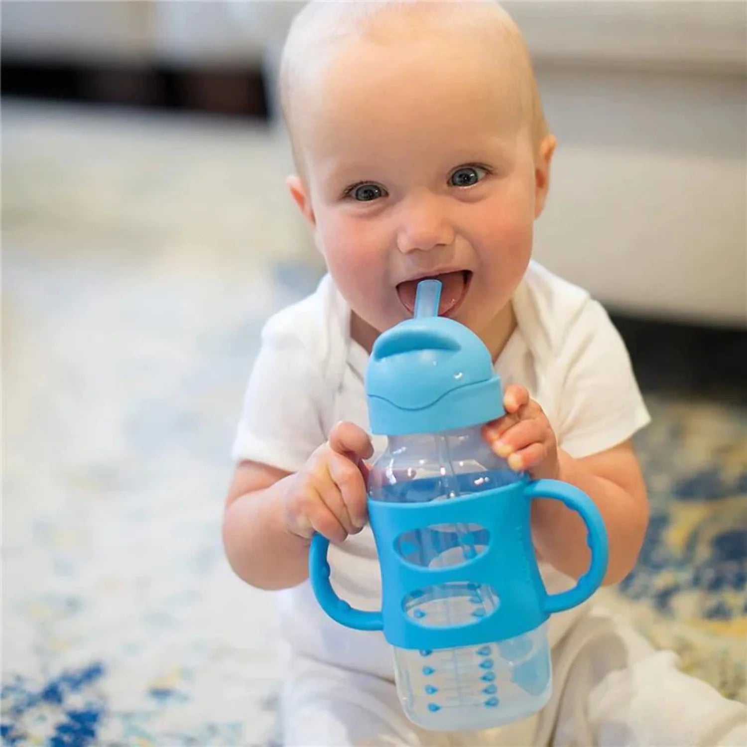 Milestones Wide-Neck Sippy Straw Bottle, 100% Silicone Handles, 9Oz/270Ml, 6M+, Blue