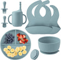 Soft Silicone Baby Feeding Set with Pattern Baby Toddler Tableware Set Baby Led Weaning Supplies Includes Adjustable Bib,Suction Bowl Suction Divided Plate Straw Cup First Stage Spoon Fork