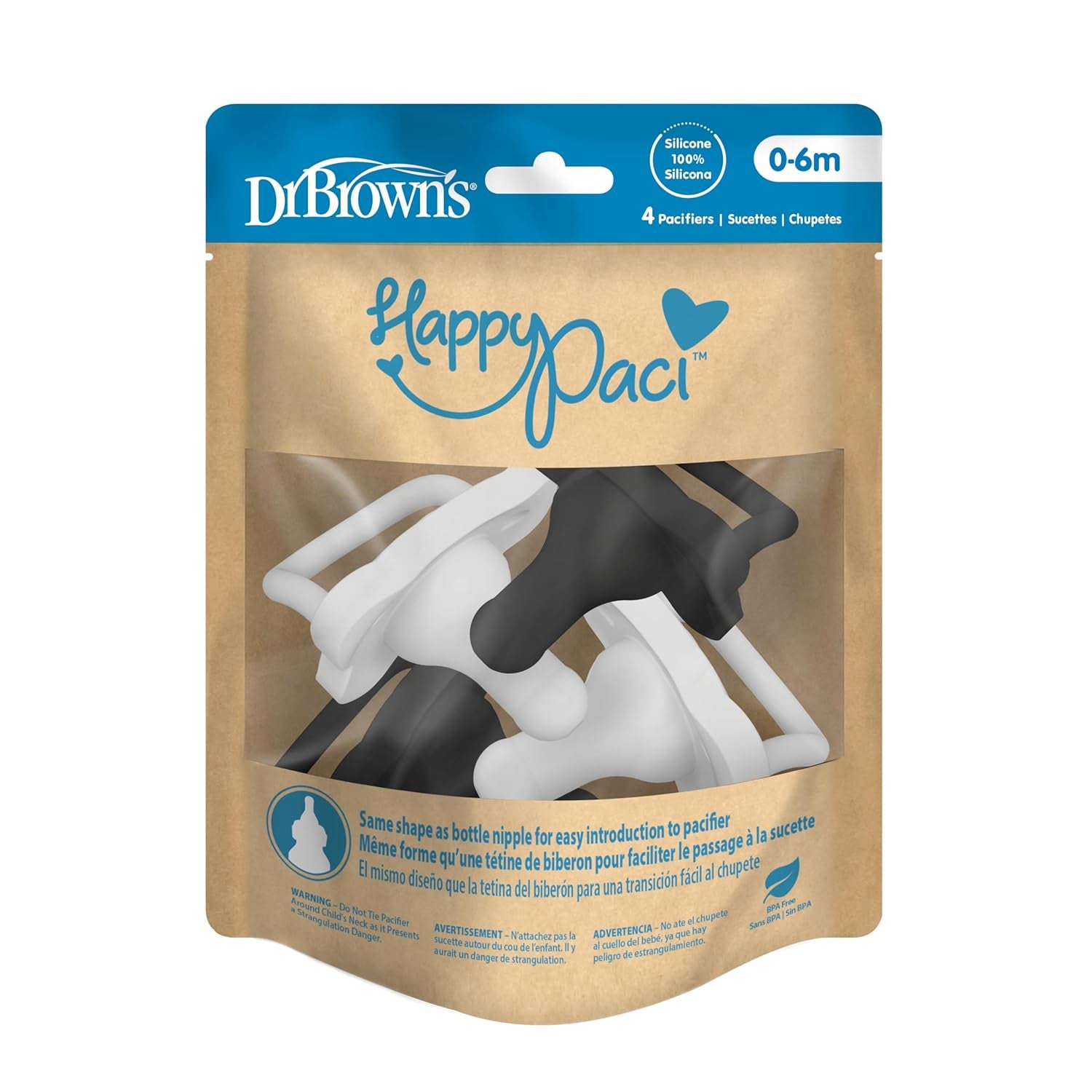 Dr. Brown'S Happypaci 100% Silicone Baby Pacifier, Contoured One-Piece Design, Gray, Black, White, 0-6M, Bpa-Free, 4-Pack