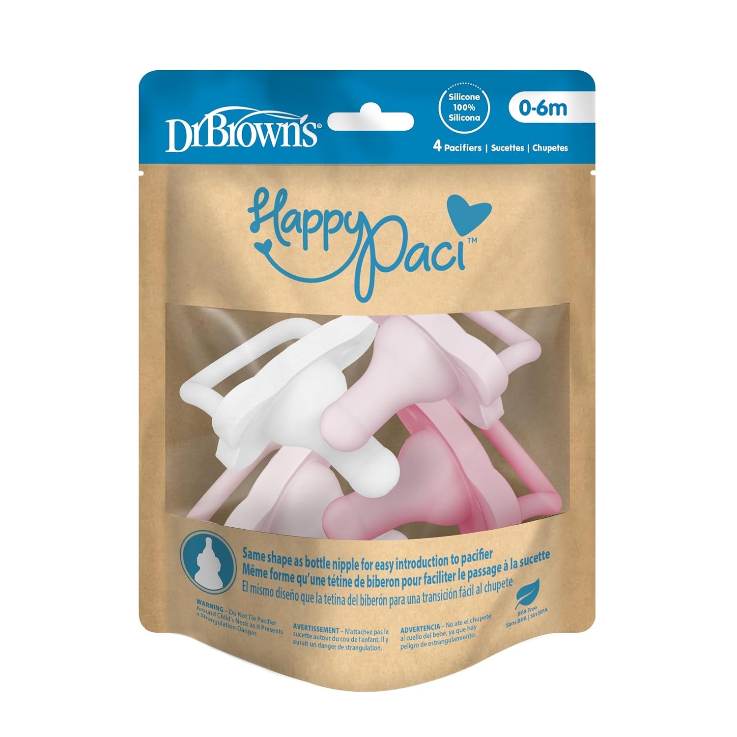 Dr. Brown'S Happypaci 100% Silicone Baby Pacifier, Contoured One-Piece Design, Light Pink/Pink/White, 0-6M, Bpa-Free, 4-Pack