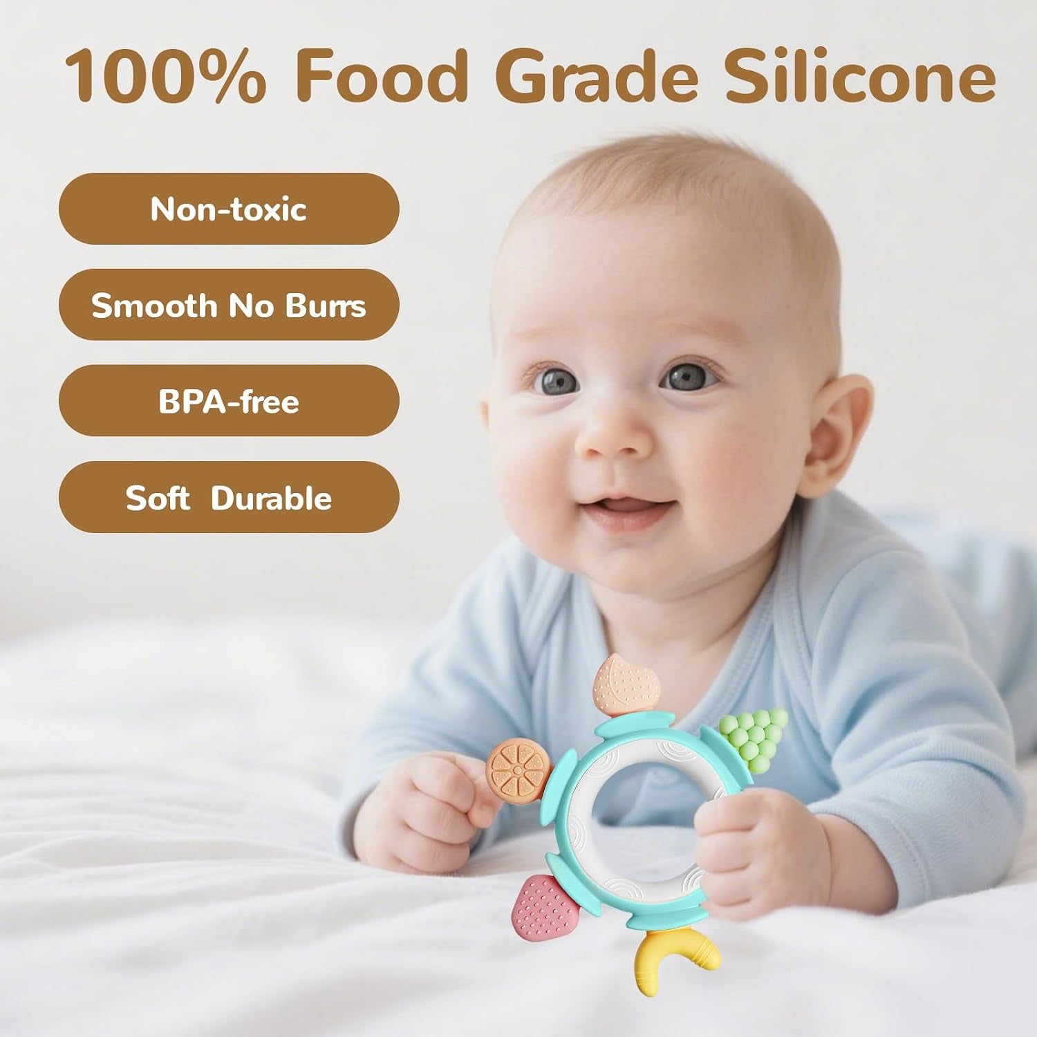 Silicone Teethers for Babies 6-12 Months, Teething Toys for Babies 0-6 Months, Baby Fruit Teethering Rings, BPA Free Baby Chew Toys, Infants Gifts