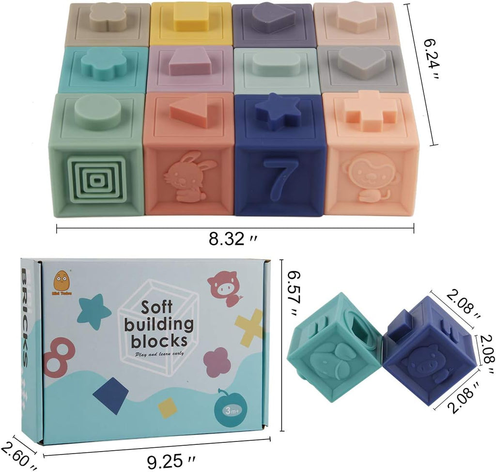 Baby Blocks Toys, Soft Building Blocks for Babies 6-12 Months | 12 PCS Soft Blocks, Stacking Blocks for Toddlers 1-3 & Numbers Animals Shapes, Sensory Block Gift for Newborn First Birthday