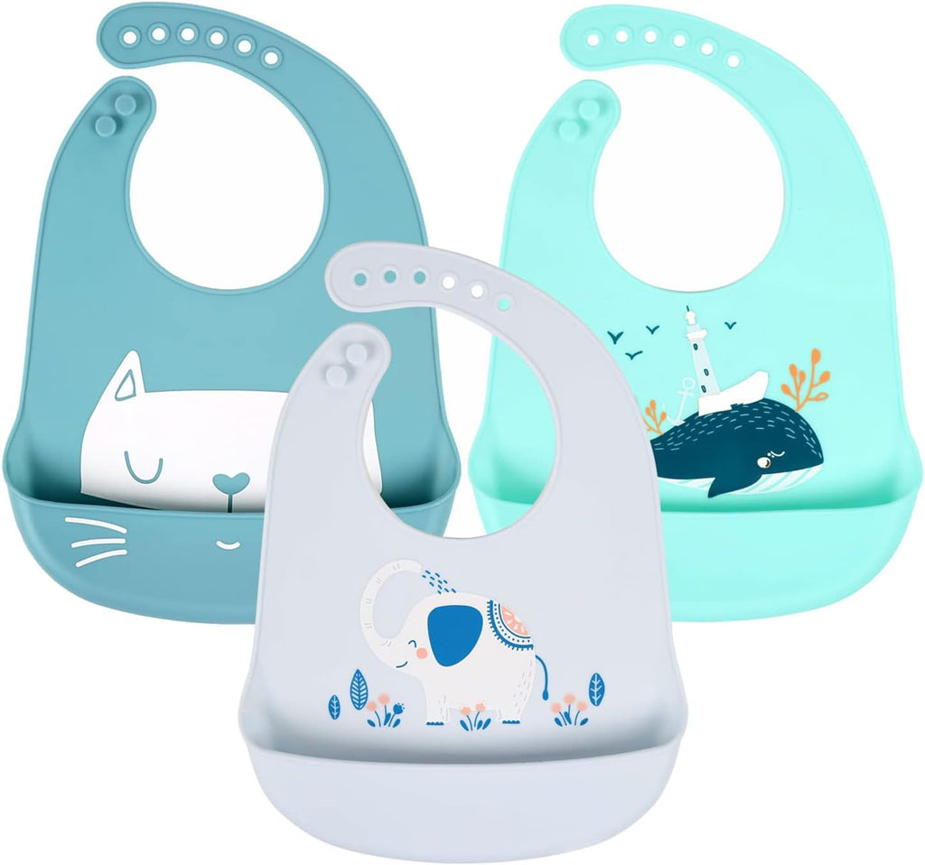 Baby Silicone Feeding Bibs, 3Pcs Adjustable Waterproof Bibs for Feeding