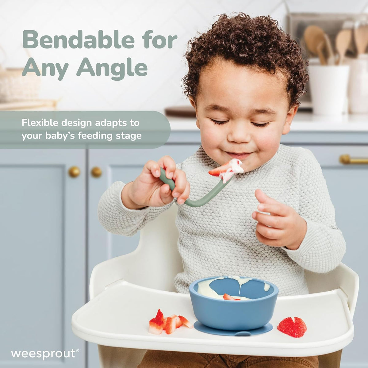 Silicone Baby Spoons - First Stage Infant Feeding Utensils with Soft-Tip, Bendable Kitchenware for Parent & Self-Feeding, Ultra-Durable, Dishwasher Safe, Travel Case, Set of 3