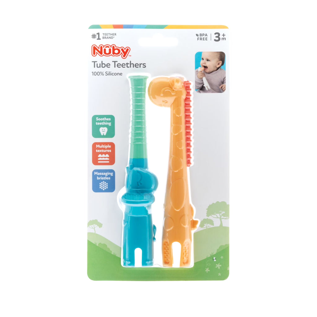Sensory Silicone Baby Tube Teethers, Elephant and Giraffe, 2 Pack