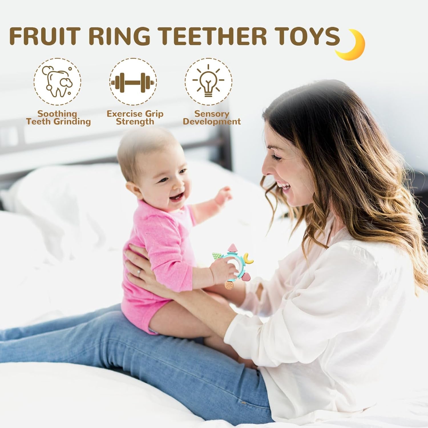 Silicone Teethers for Babies 6-12 Months, Teething Toys for Babies 0-6 Months, Baby Fruit Teethering Rings, BPA Free Baby Chew Toys, Infants Gifts