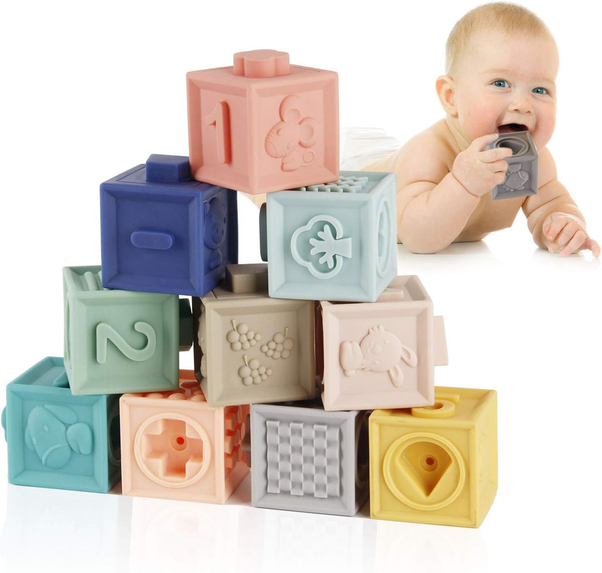 Baby Blocks Toys, Soft Building Blocks for Babies 6-12 Months | 12 PCS Soft Blocks, Stacking Blocks for Toddlers 1-3 & Numbers Animals Shapes, Sensory Block Gift for Newborn First Birthday