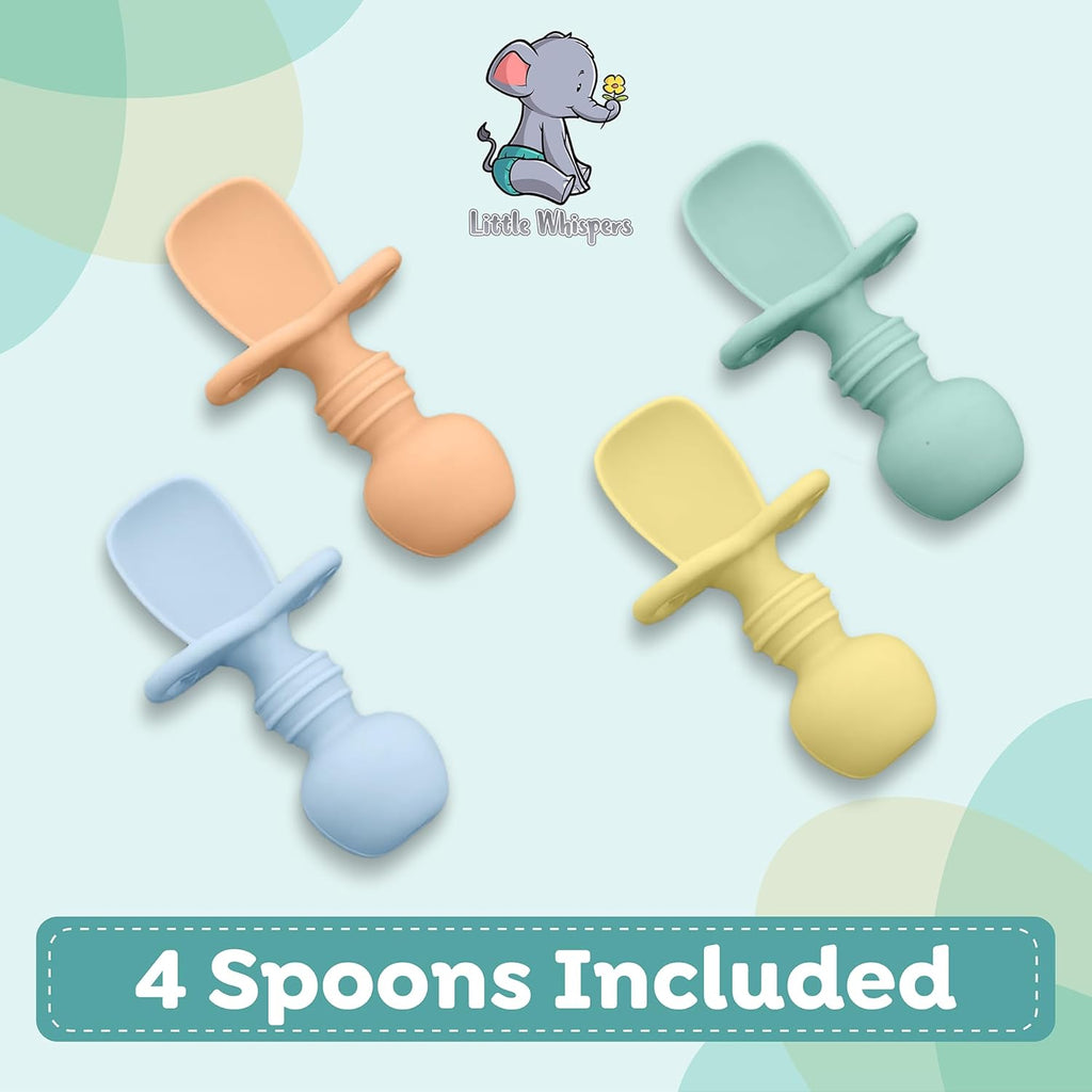 Littlewhispers Baby Silicone Spoons - Self Feeding 6 Months - Infant, Toddler, & Kid Friendly Utensils - First Stage, Baby Led Weaning - 4 Pack Utensil Set (Pastel)