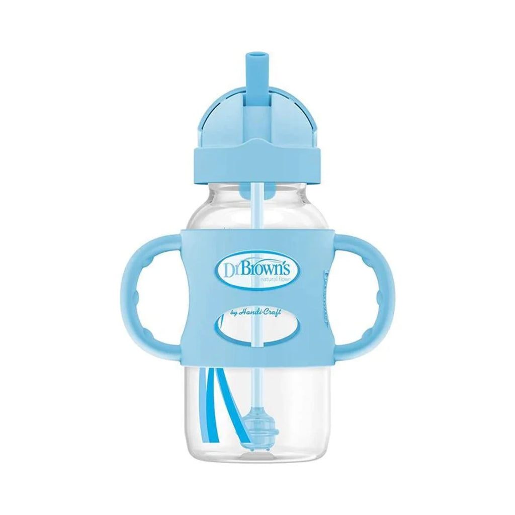 Milestones Wide-Neck Sippy Straw Bottle, 100% Silicone Handles, 9Oz/270Ml, 6M+, Blue