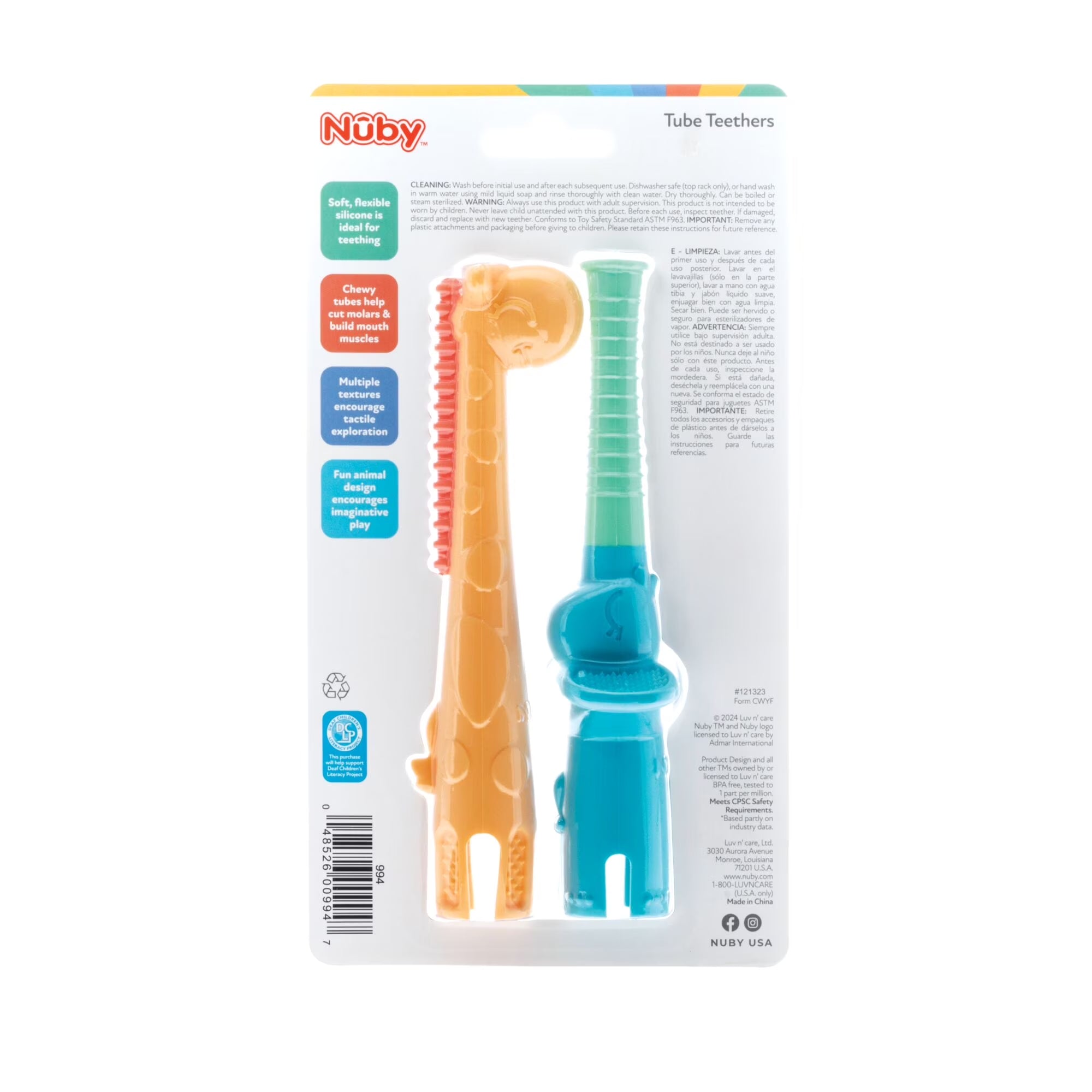 Sensory Silicone Baby Tube Teethers, Elephant and Giraffe, 2 Pack