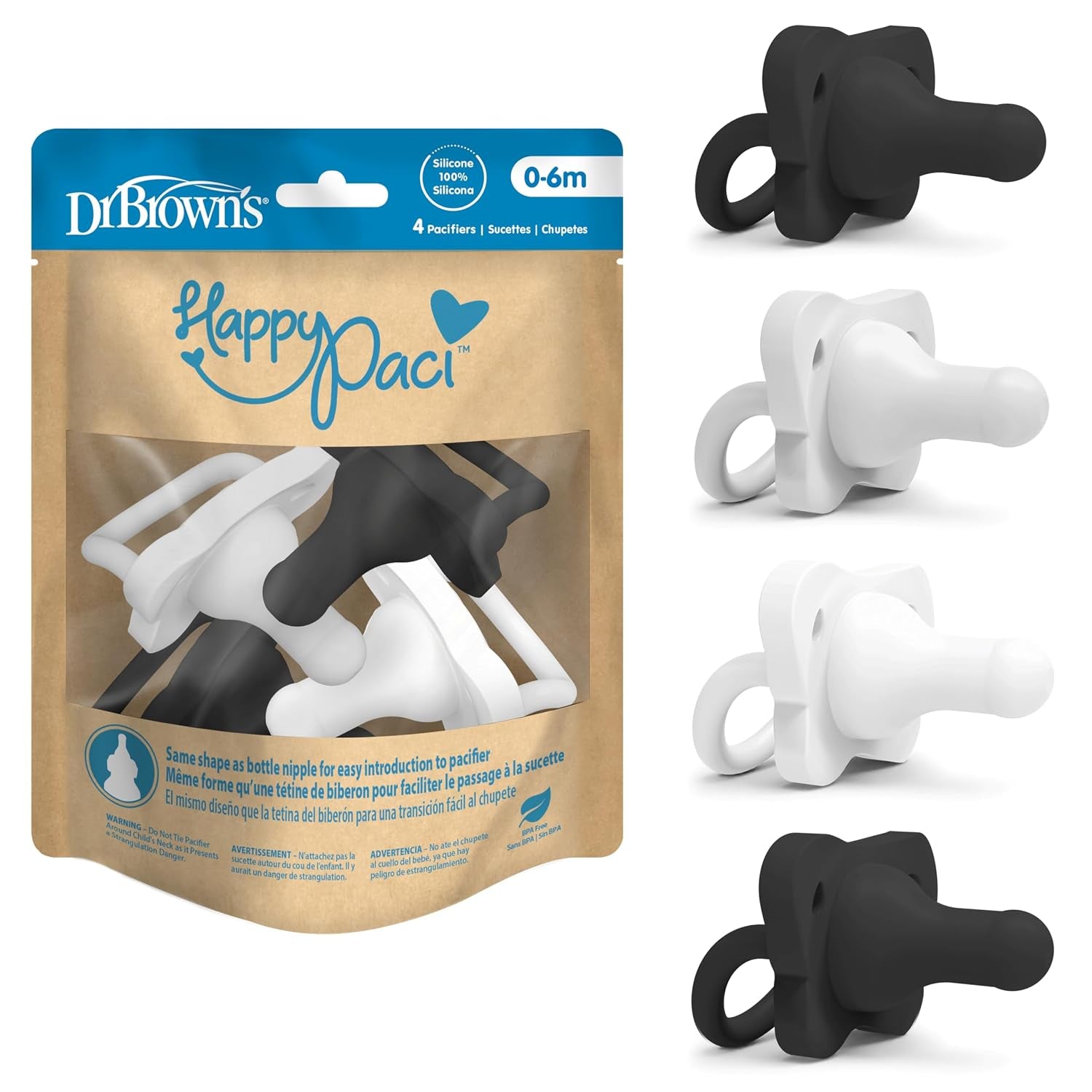 Dr. Brown'S Happypaci 100% Silicone Baby Pacifier, Contoured One-Piece Design, Gray, Black, White, 0-6M, Bpa-Free, 4-Pack