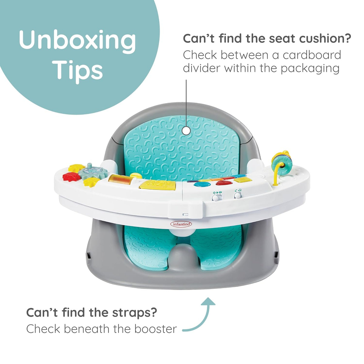 Music & Lights 3-In-1 Discovery Seat & Booster, Teal | 20 Sounds & Songs, Converts from Infant Seat to Booster, Fits Dining or Kitchen Chairs, Includes Removable Snack Tray