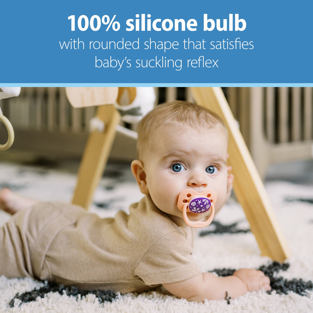 Advantage Baby Pacifier, Fully Symmetrical, Silicone Bulb, 0-6M, BPA Free, Sunrise/Glow, 4 Pack