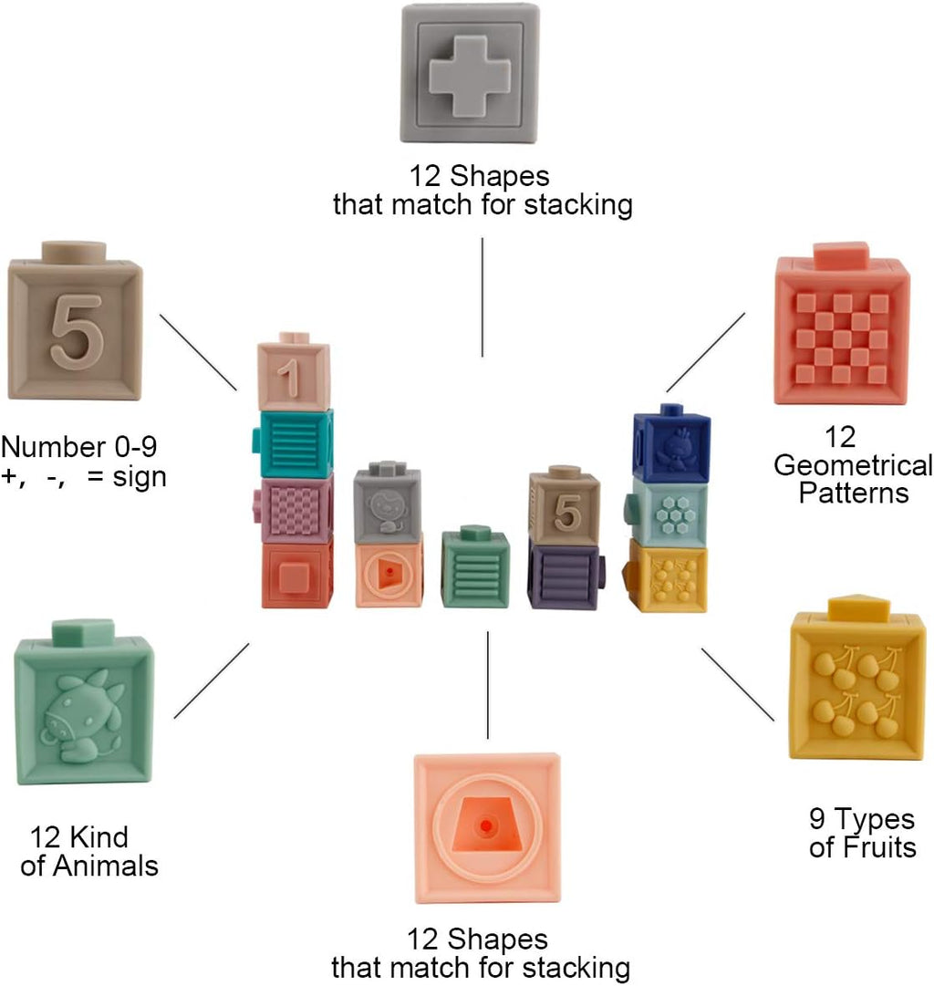 Baby Blocks Toys, Soft Building Blocks for Babies 6-12 Months | 12 PCS Soft Blocks, Stacking Blocks for Toddlers 1-3 & Numbers Animals Shapes, Sensory Block Gift for Newborn First Birthday