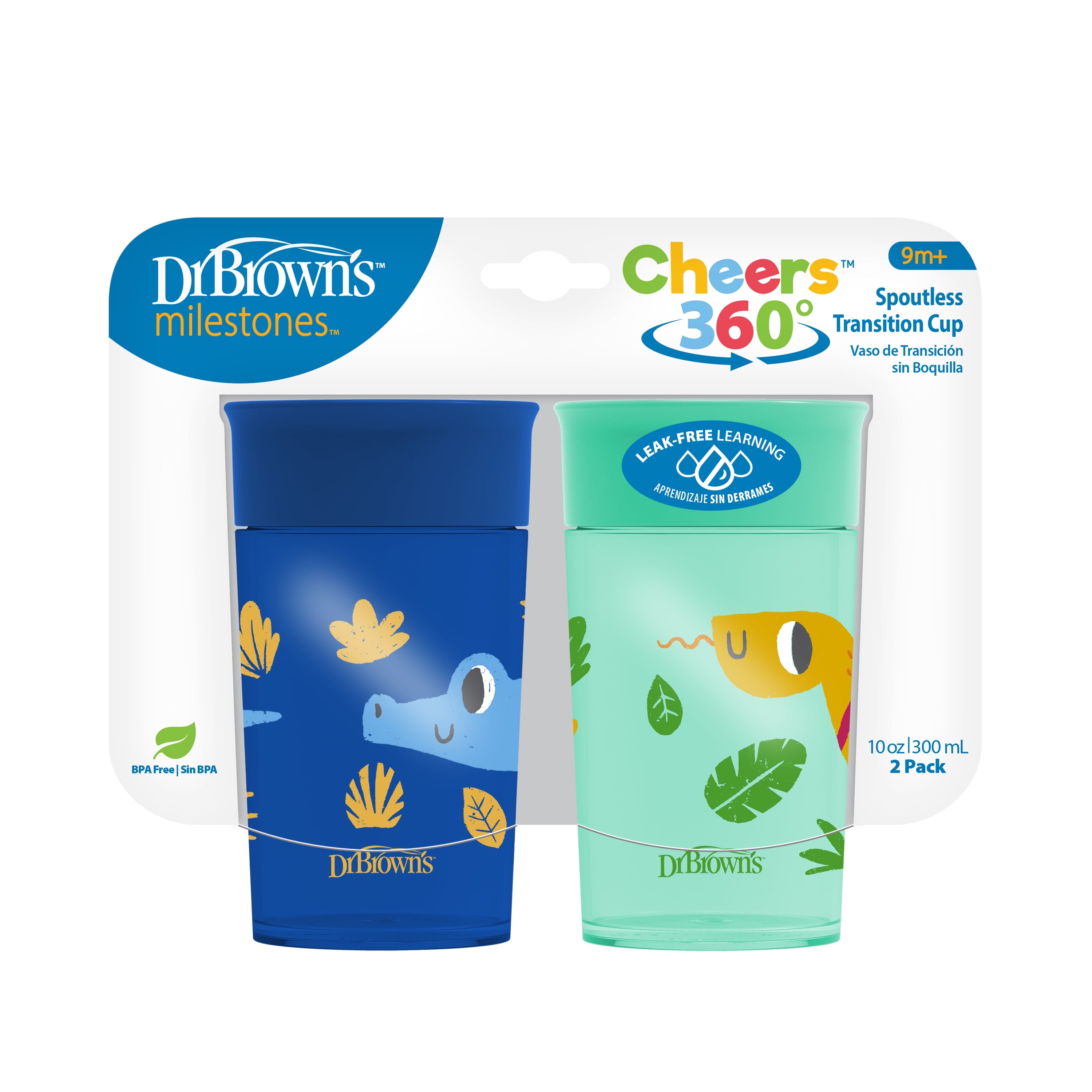 Milestones Cheers 360 Cup Spoutless Transition, Travel Friendly & Leak-Free, Green / Blue, 10 Oz/300 Ml, 2 Pack