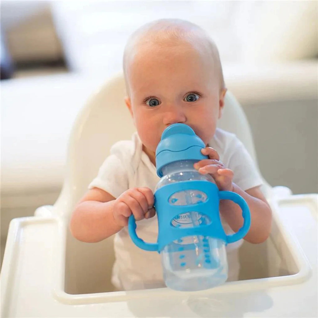 Milestones Wide-Neck Sippy Straw Bottle, 100% Silicone Handles, 9Oz/270Ml, 6M+, Blue