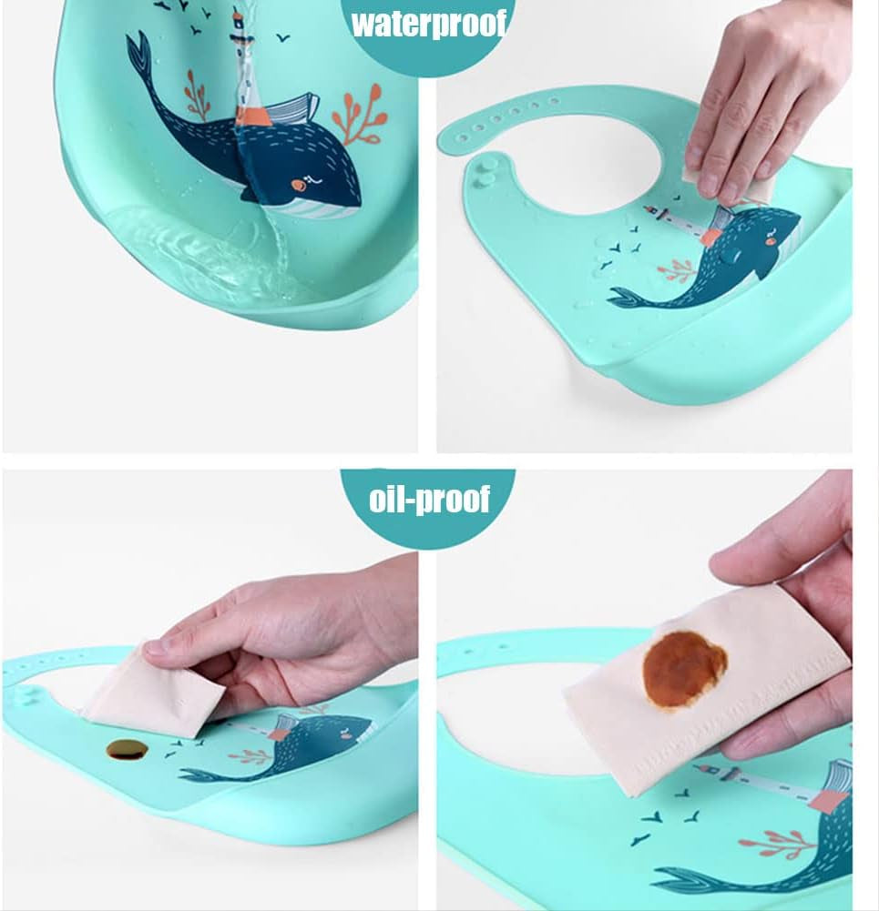 Baby Silicone Feeding Bibs, 3Pcs Adjustable Waterproof Bibs for Feeding