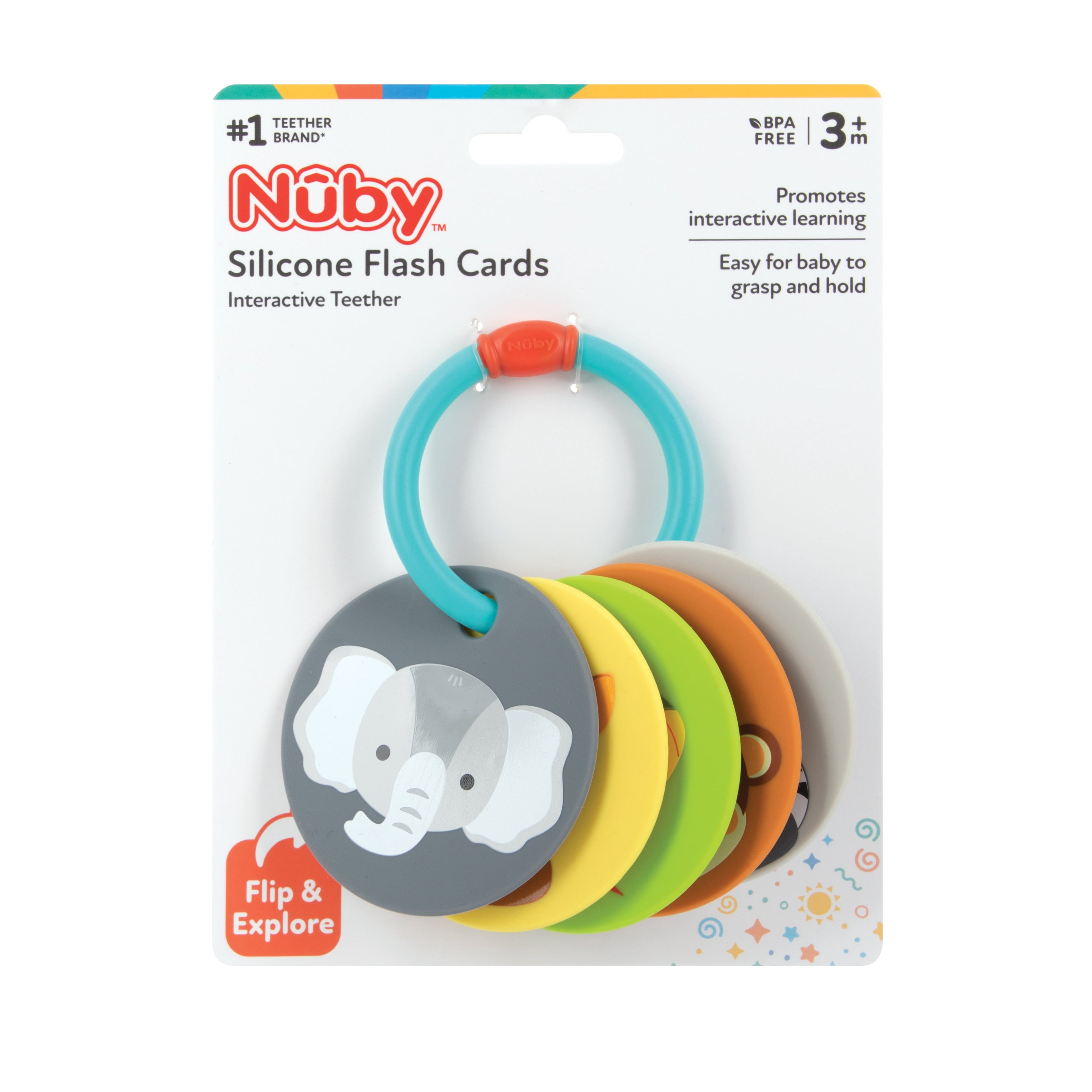 Animal Flash Cards Silicone Teether Toy Ring for Babies, Multicolor Animals