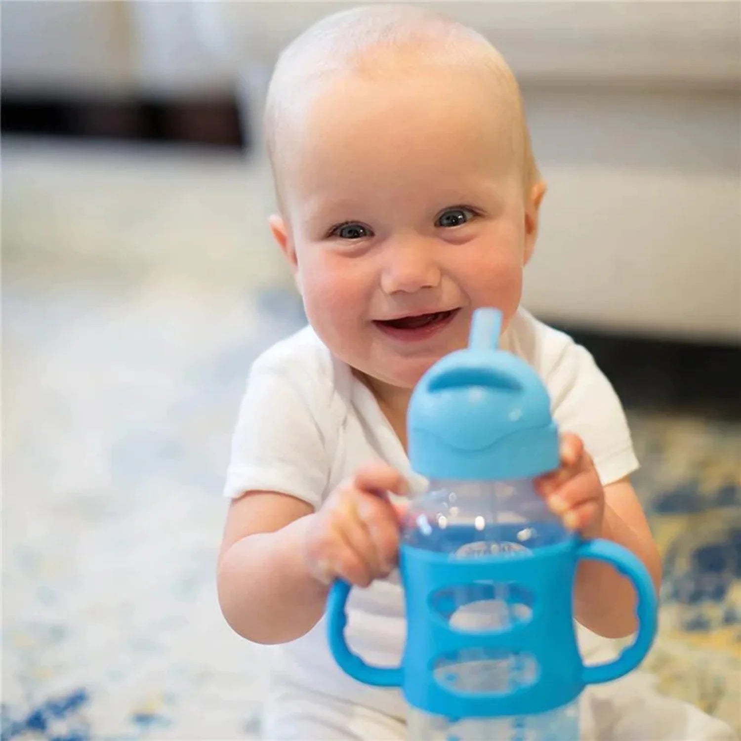Milestones Wide-Neck Sippy Straw Bottle, 100% Silicone Handles, 9Oz/270Ml, 6M+, Blue