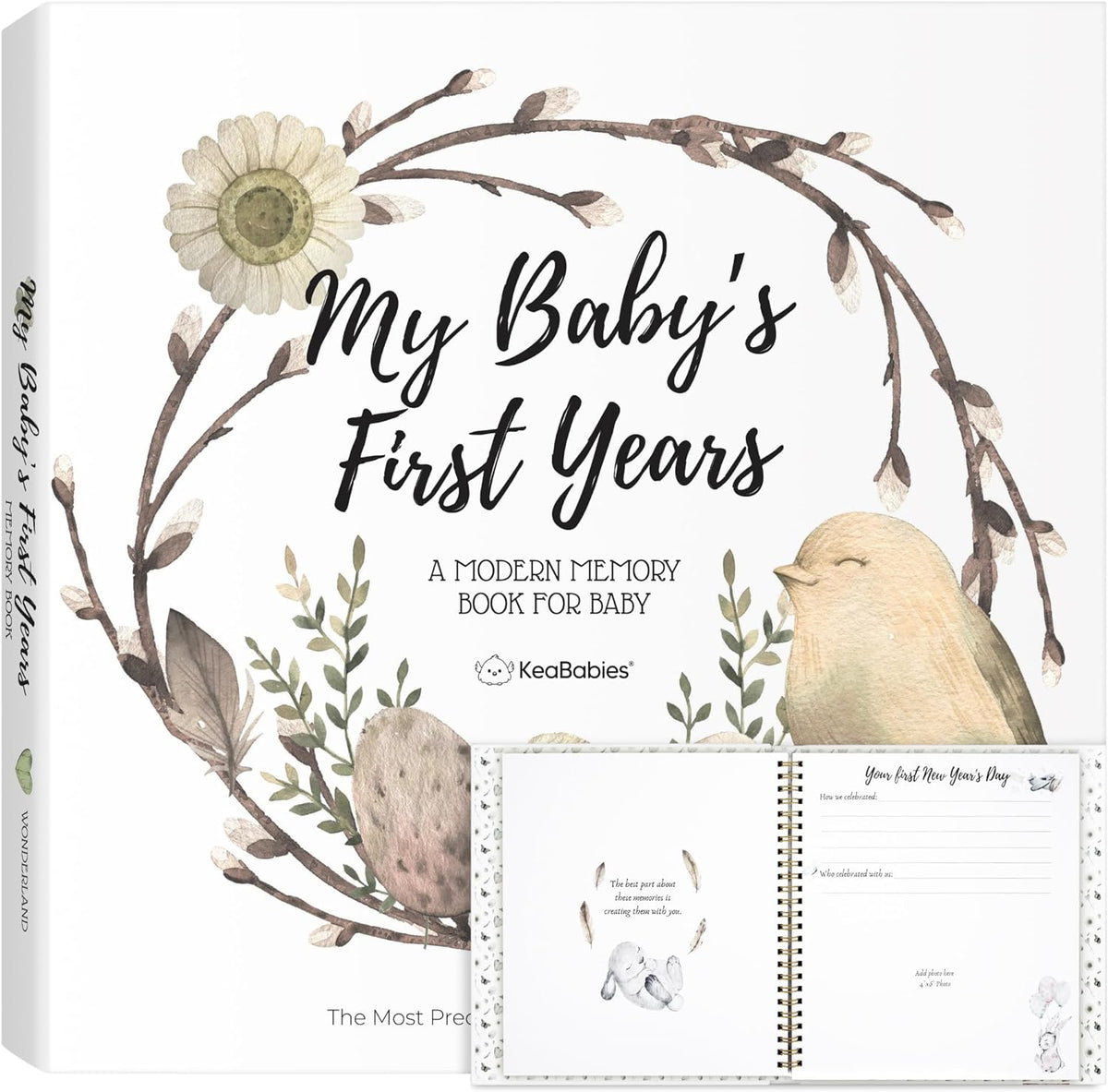 First 5 Years Baby Book Keepsake, Baby Memory Book Girl, Boy (Wonderland) | 90 Pages Hardcover First Year Milestone Journal, Simple Newborn Scrapbook for New Parents, Photo Album, Shower Gift