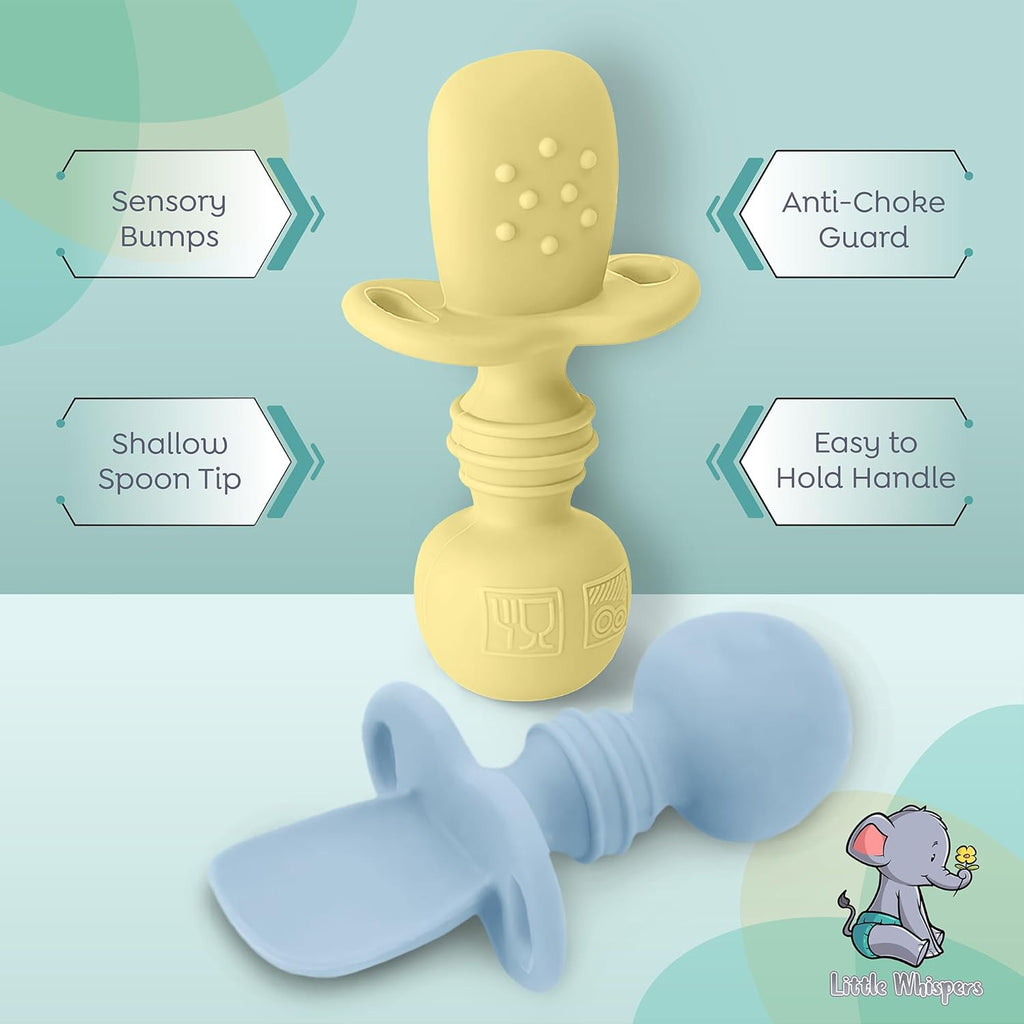 Littlewhispers Baby Silicone Spoons - Self Feeding 6 Months - Infant, Toddler, & Kid Friendly Utensils - First Stage, Baby Led Weaning - 4 Pack Utensil Set (Pastel)