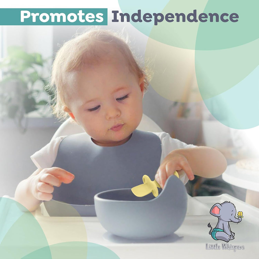 Littlewhispers Baby Silicone Spoons - Self Feeding 6 Months - Infant, Toddler, & Kid Friendly Utensils - First Stage, Baby Led Weaning - 4 Pack Utensil Set (Pastel)