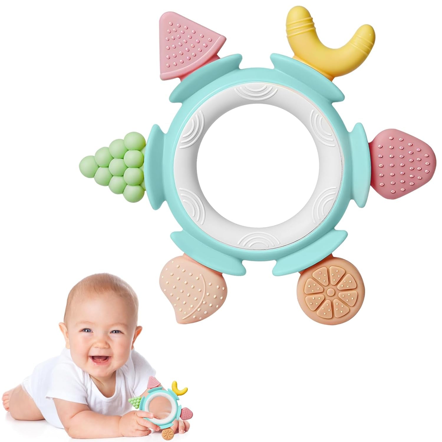 Silicone Teethers for Babies 6-12 Months, Teething Toys for Babies 0-6 Months, Baby Fruit Teethering Rings, BPA Free Baby Chew Toys, Infants Gifts