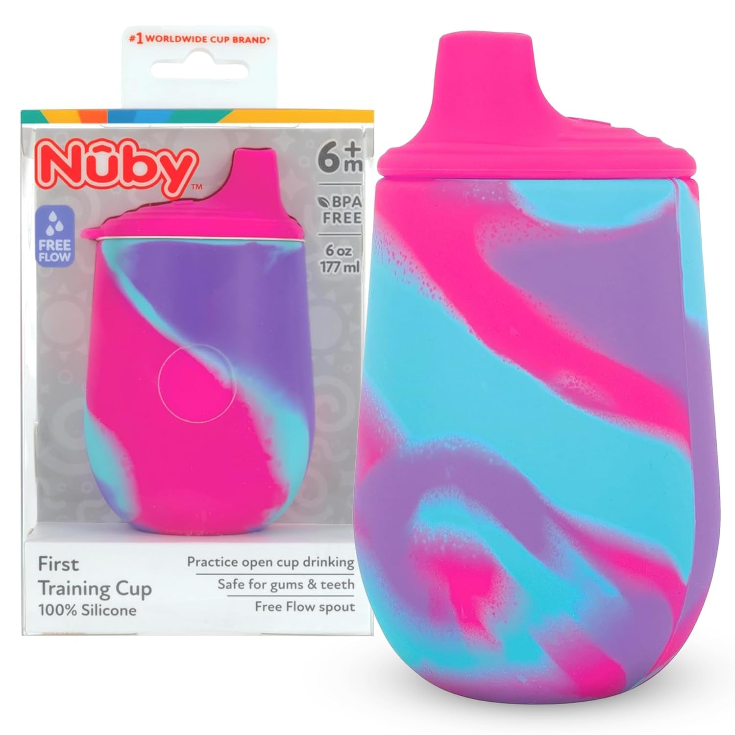 Silicone Tie-Dye First Training Cup with Free Flow Soft Spout - 6Oz, 6+ Months, Pink/Purple