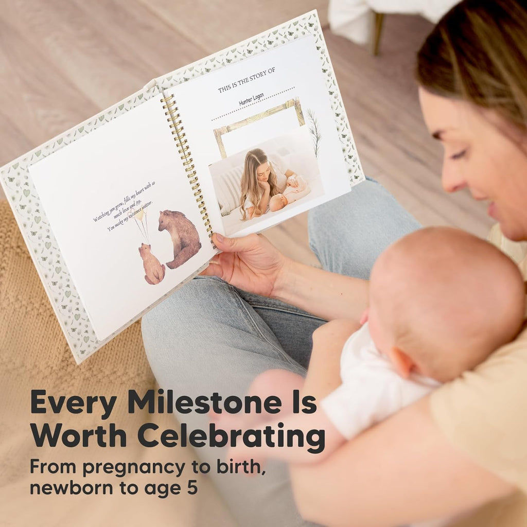 First 5 Years Baby Book Keepsake, Baby Memory Book Girl, Boy (Wonderland) | 90 Pages Hardcover First Year Milestone Journal, Simple Newborn Scrapbook for New Parents, Photo Album, Shower Gift