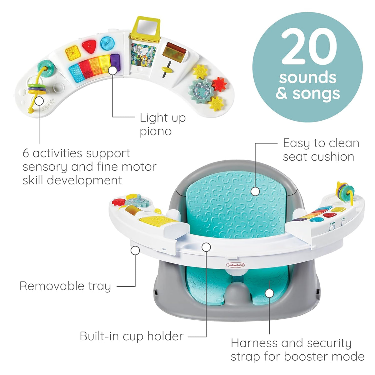 Music & Lights 3-In-1 Discovery Seat & Booster, Teal | 20 Sounds & Songs, Converts from Infant Seat to Booster, Fits Dining or Kitchen Chairs, Includes Removable Snack Tray