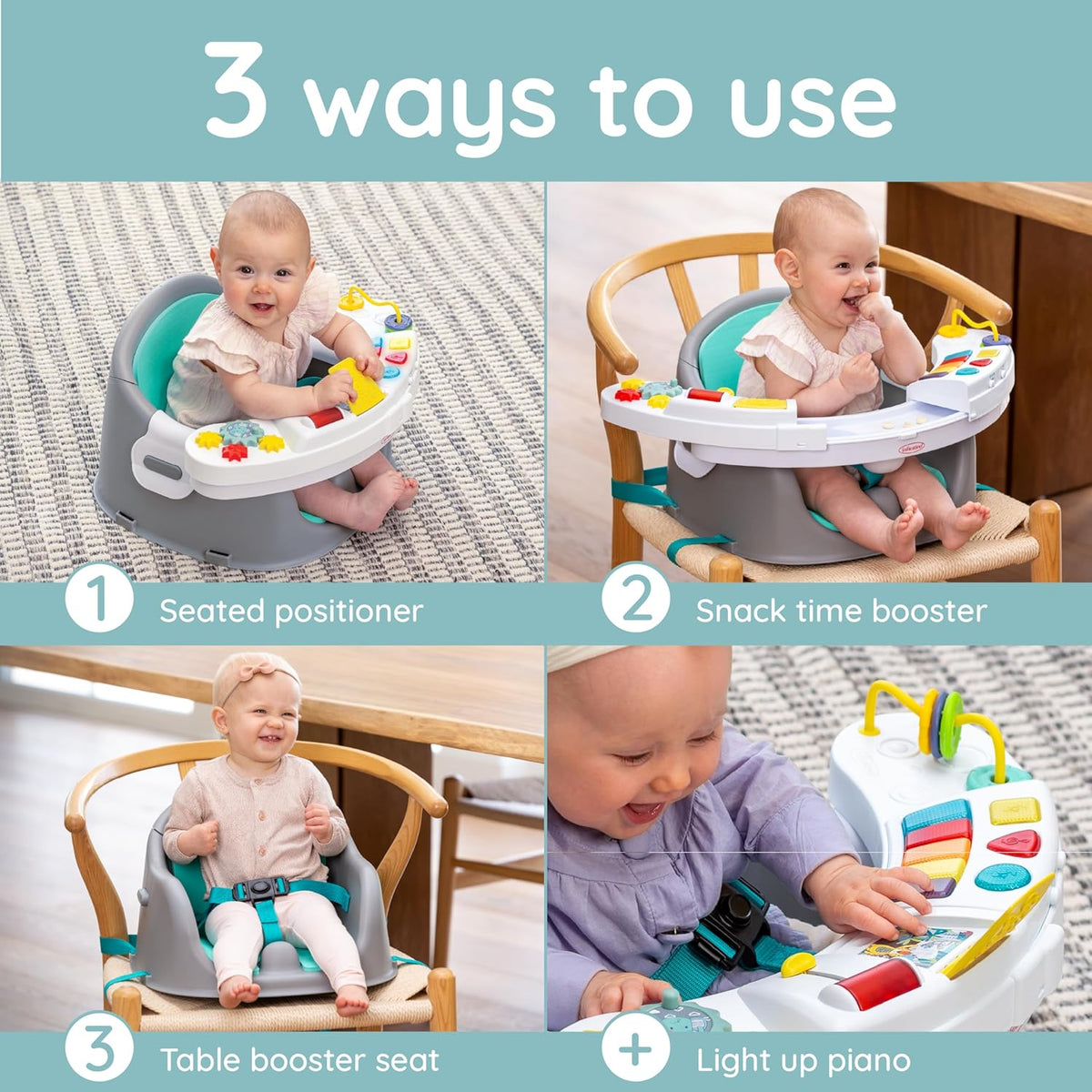 Music & Lights 3-In-1 Discovery Seat & Booster, Teal | 20 Sounds & Songs, Converts from Infant Seat to Booster, Fits Dining or Kitchen Chairs, Includes Removable Snack Tray
